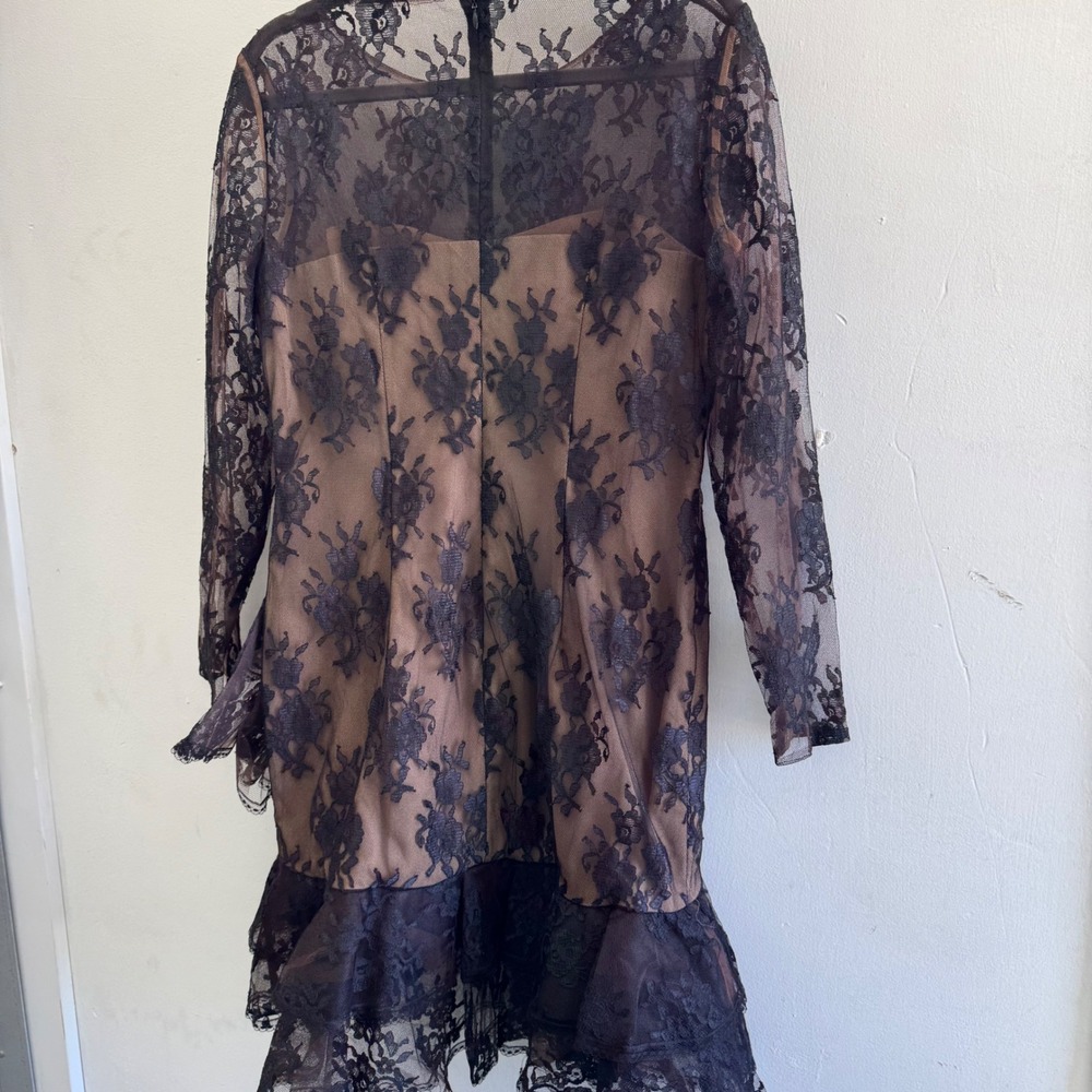 Victor Costa Black Lace Long Sleeve Tiered Mini Dress over Nude Slip - Picture 3 of 14